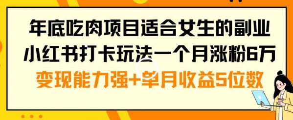 年底吃肉项目适合女生的副业小红书打卡玩法一个月涨粉6万+变现能力强+单月收益5位数【揭秘】|极客创益资源网