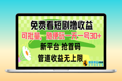 免费看短剧撸收益，可挂机批量，随便玩一天一号30+做推广抢首码，管道收益|极客创益资源网